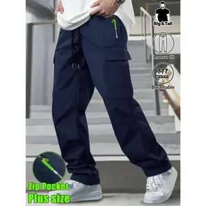 Men's Plus Size Cargo Pants, Big & Tall Loose Fit Drawstring Pants with Zipper Pockets, Breathable Casual Workwear Pants for Daily Wear & Outdoor