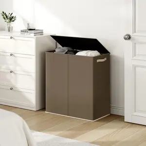 Large Double Laundry Hamper with Lid, Collapsible Clothes Hamper 2 section with Removable Bags, Space-Saving Laundry Basket for Bedroom, Dorm, College