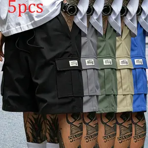 Pack of 5 men’s cargo shorts sets made from durable, tear-resistant fabric with multifunctional pockets. Suitable for gym workouts, hiking trips, and jobsite work; a comfortable, breathable summer casual style. Beige tropical style, menswear, men's shorts