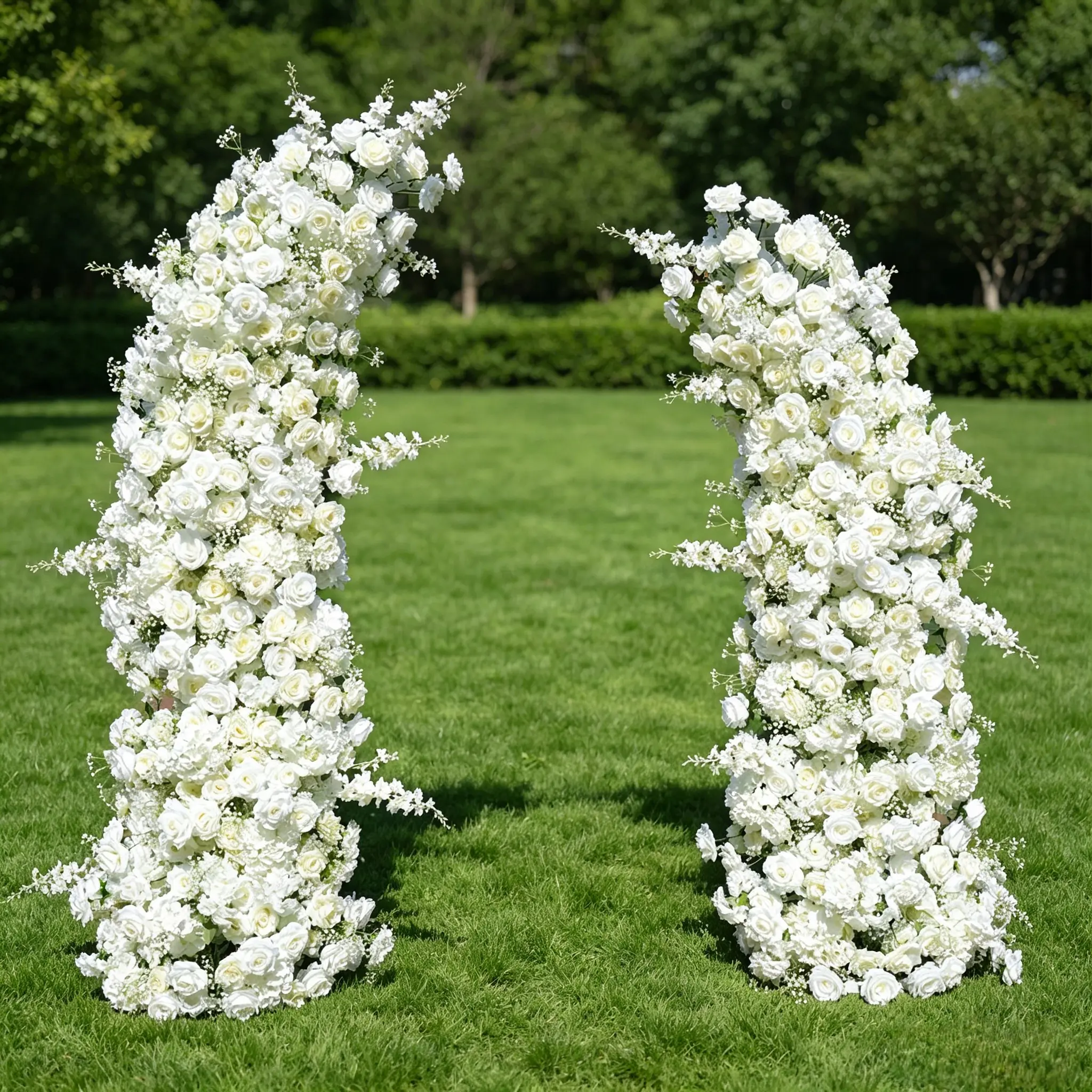 Classic Ivory Artificial Floral Curve Pillar Set Abundant Silk Blooms Entryway Floral Frame Ornament For Outdoor Nuptials Anniversary Valentine’s Proposal Debutante Ball Cafe Front Display Portrait Indoor Banquet Stage Floral Arrangement Supplies