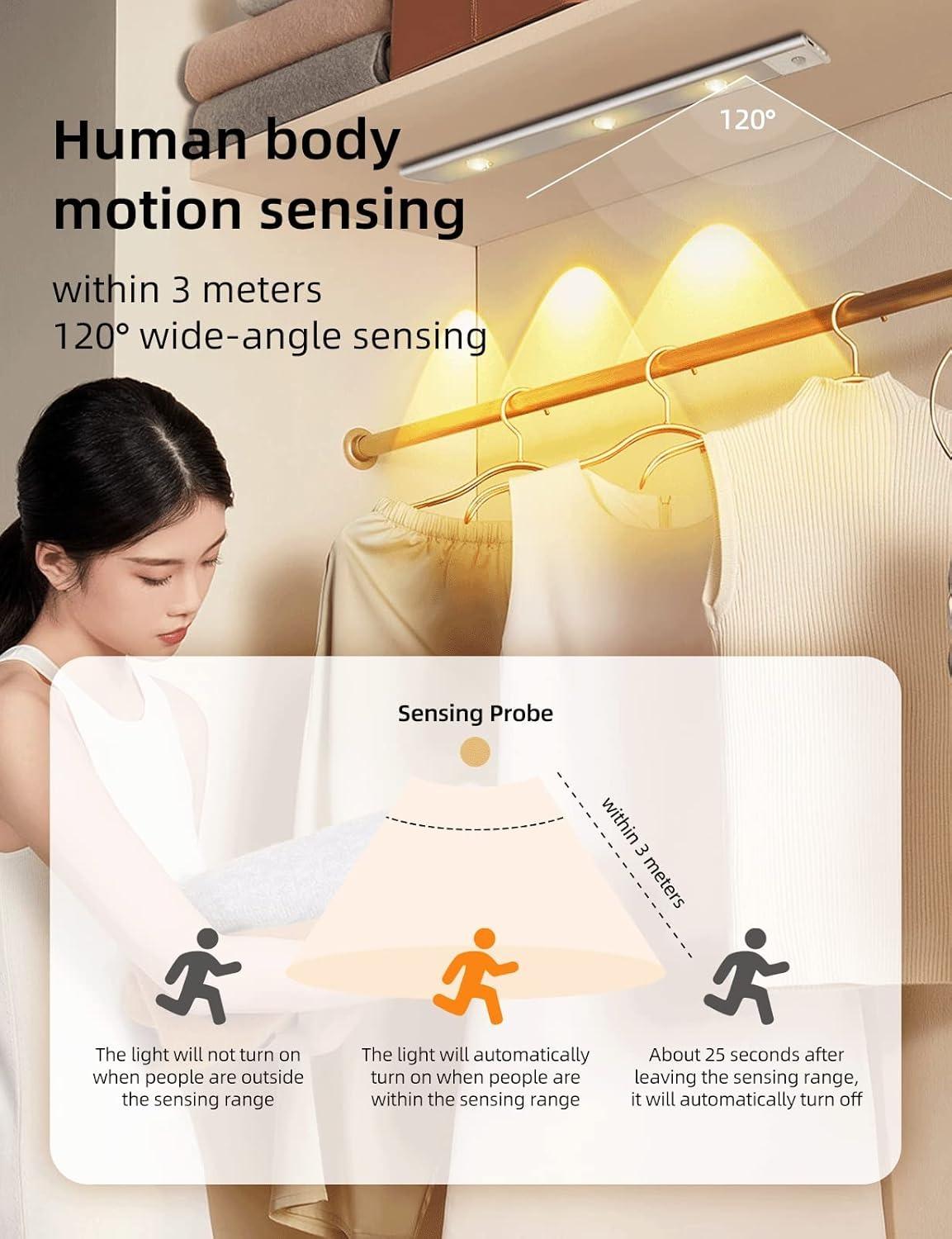 LED Motion Sensor Light, Under-Cabinet Lighting, Wireless USB Rechargeable Kitchen Night Lights, LED Lights for Wardrobe, Closets, Cabinets, Cupboards, Vanity Mirrors, 2 Count.