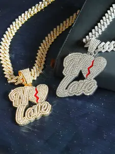 Hip Hop Fashion No Love Chain, Broken Heart Iced Out Pendant, Sparkling Blingbling Cuban Chain, Unisex Street Style Jewelry Set, Fashionable Jewelry Accessories