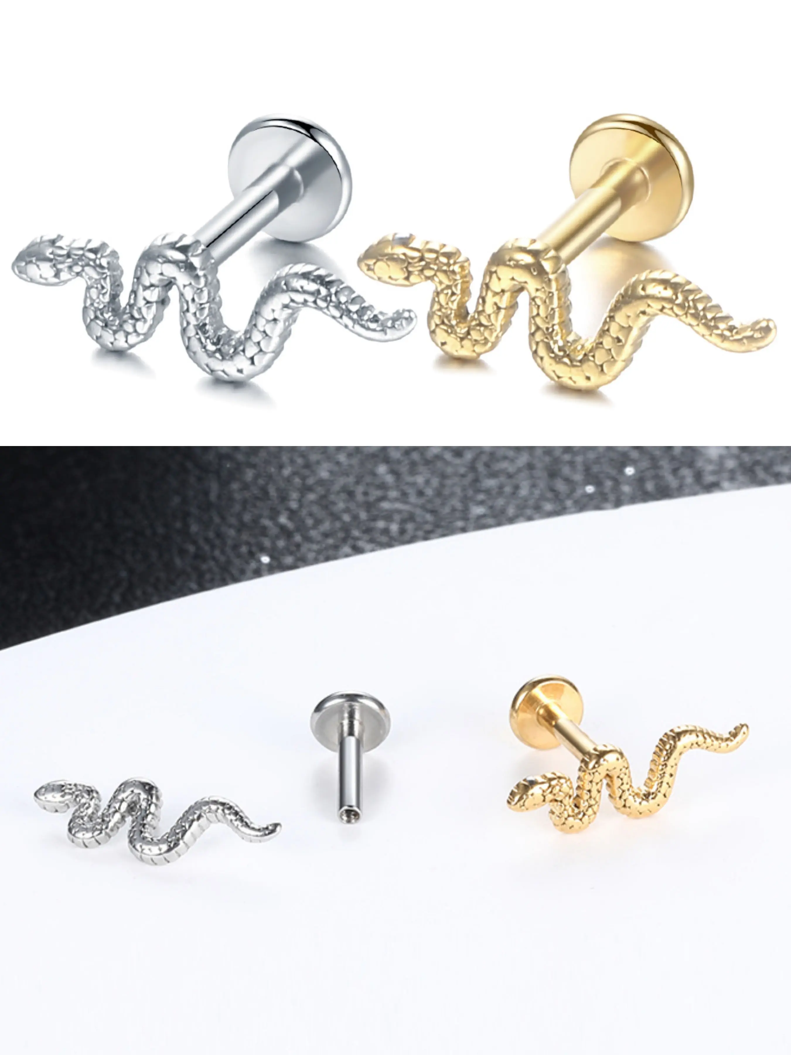 1pc G23 Titanium Snake Ear Piercing Tragus Stud Earrings, 16g Punk Cartilage Helix Pircing, Conch Lobe Body Jewelry for Women Men Piercings Jewelry