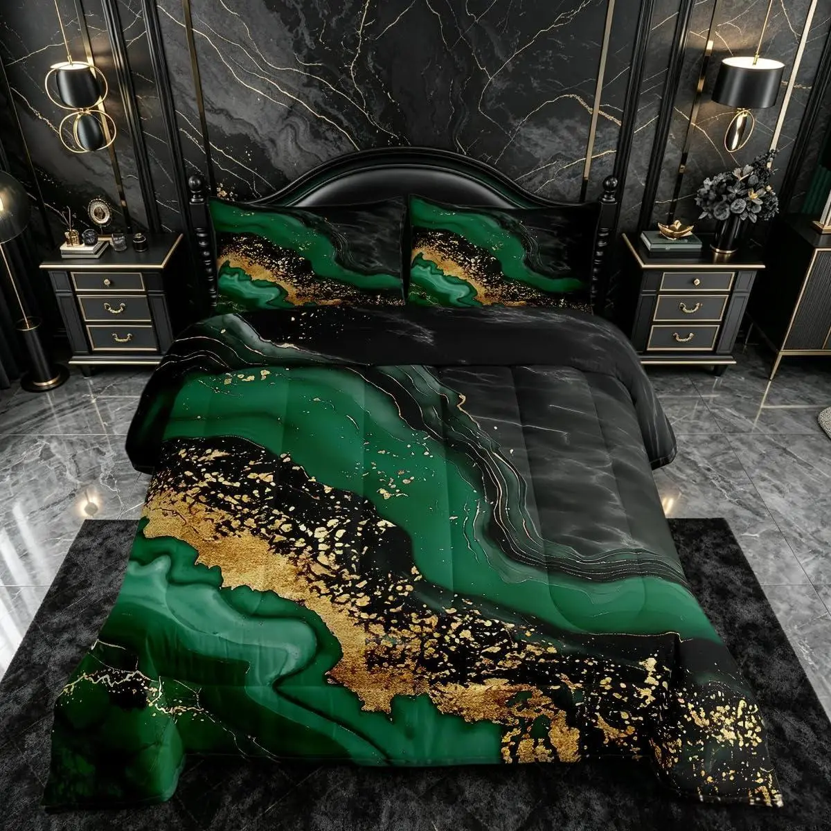 Green Marble Comforter Set Modern Marble Aesthetic Bedding Set Retro Watercolor Artwork Design Microfiber Bedclothes Black Gold Bedroom Decor Duvet Quilt Soft