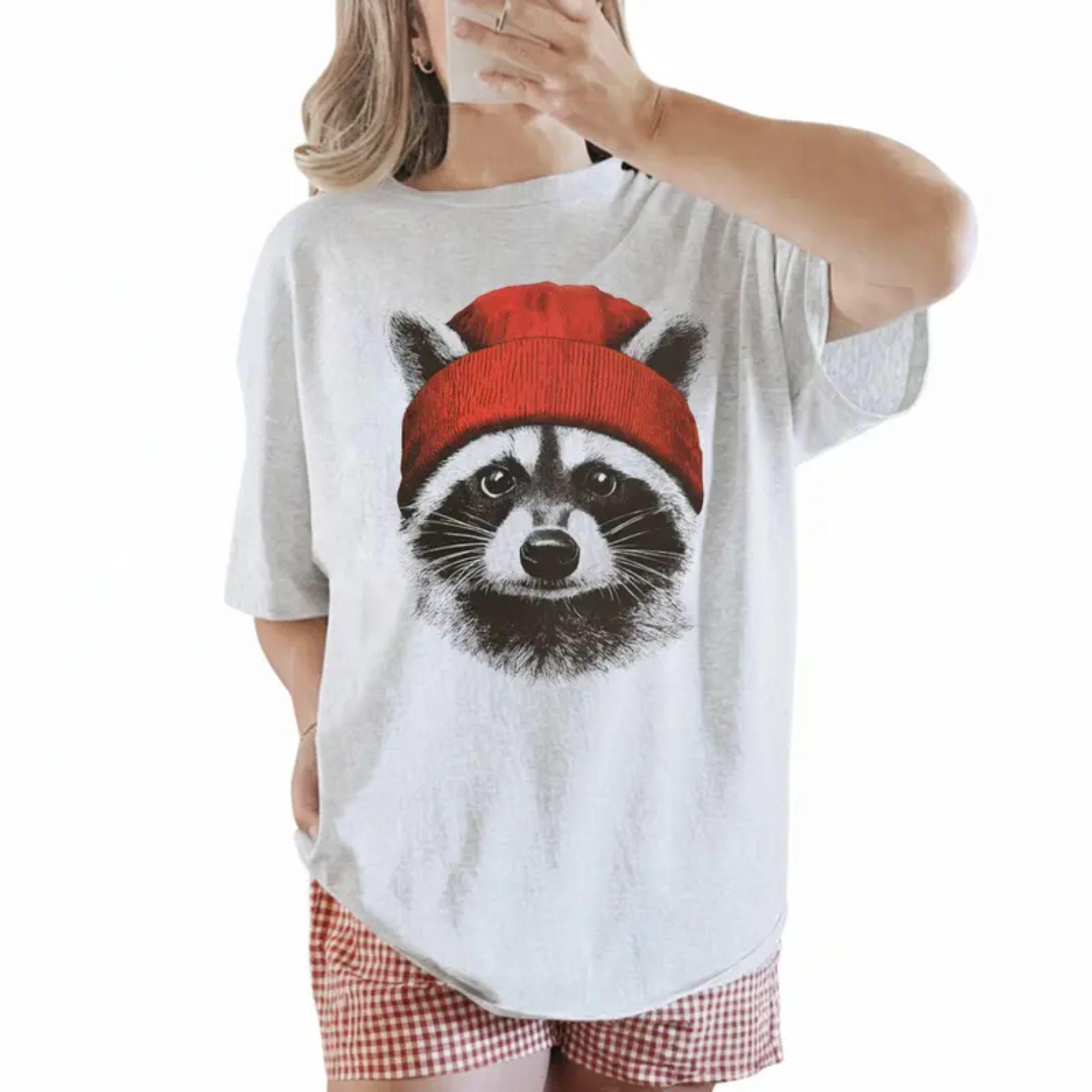 [Retro] Raccoon Wearing Beanie Unisex T-shirt Sweatshirt, Trendy Viral Meme Tee for Her, Vintage Casual Streetwear Unisex Top
