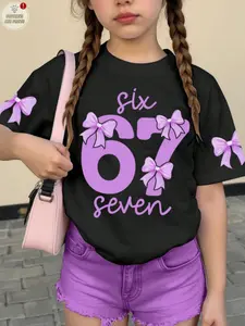 Cute Young Girls Wearing Regular Length Multi-Color T-Shirt, Graphic Print Tee, Fun Six Seven Letter Pattern, Casual Fitted All Seasons Top