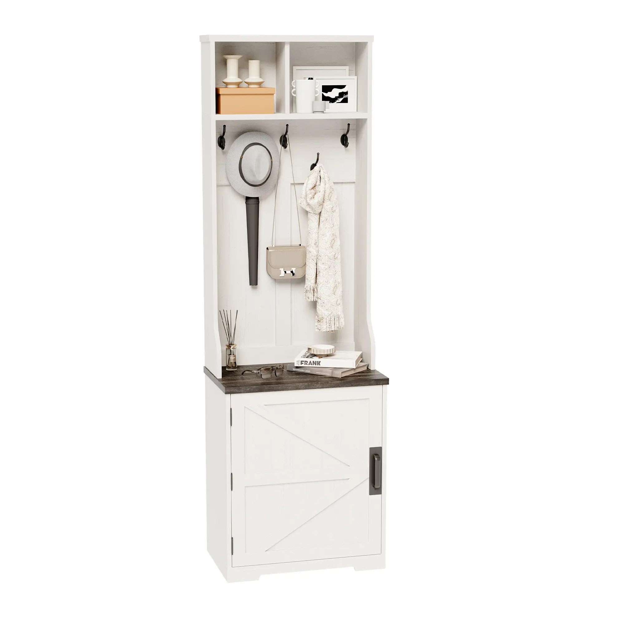 23.6" Farmhouse Hall Tree with Shoe Storage, Small Coat Rack Cabinet with 5 Hooks, Shoe Cabinet & Open Shelves, Entryway Shoe Storage Bench for Mudroom, Hallway, Living Room