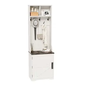 23.6" Farmhouse Hall Tree with Shoe Storage, Small Coat Rack Cabinet with 5 Hooks, Shoe Cabinet & Open Shelves, Entryway Shoe Storage Bench for Mudroom, Hallway, Living Room