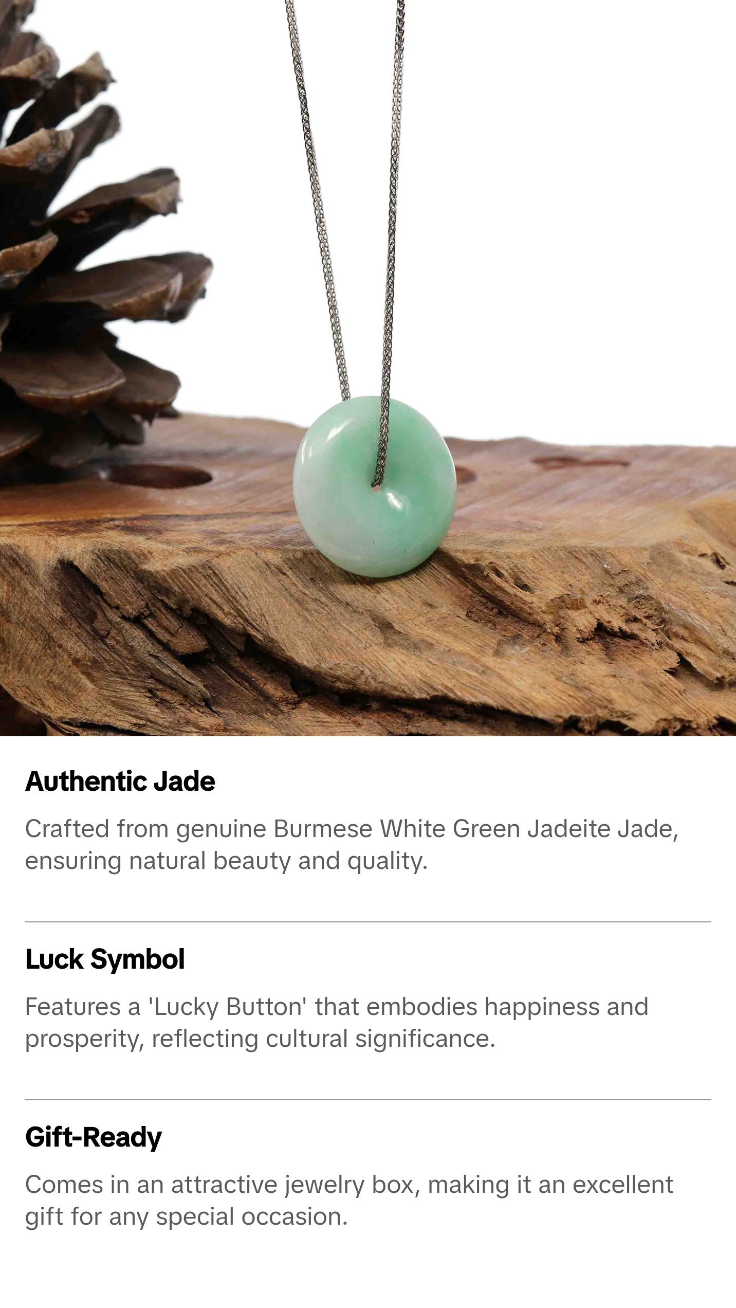 Baikalla "Good Luck Button" Necklace White Green Jadeite Jade Lucky Ping An Kou Pendant