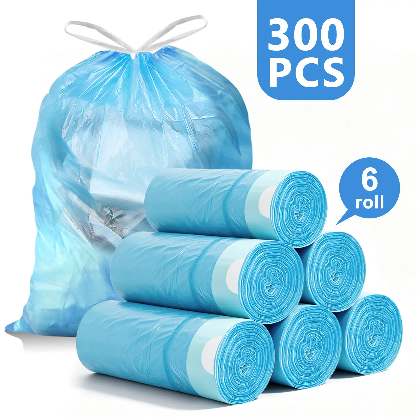 Drawstring Trash Bags, 4-Gal Sturdy Blue Plastic Unscented Waterproof Household Cleaning Bin Liners, 300-Count Pack Home Care Supplies for Bathrooms, Wardrobe