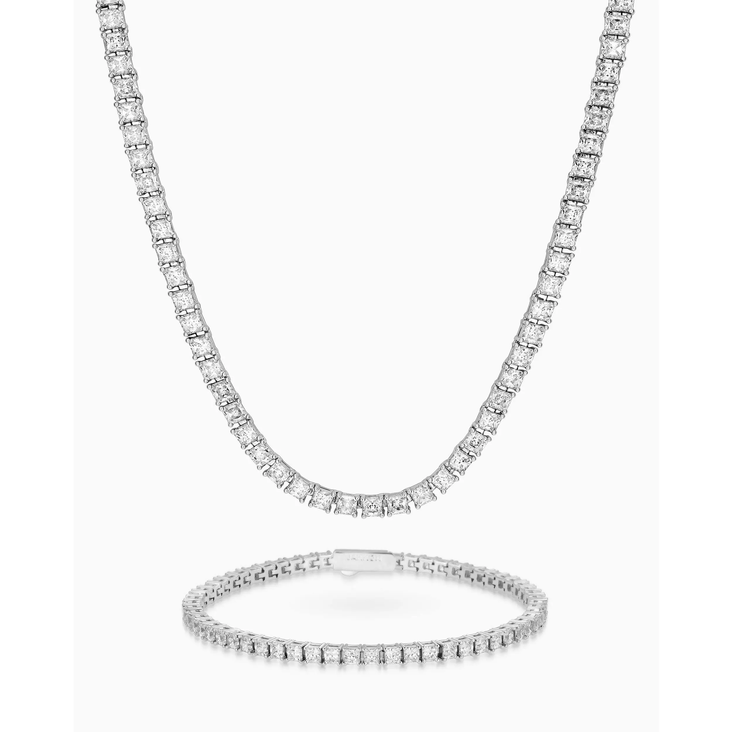 JAXXON Tennis Set Square Cut 3mm - Silver - Box Clasp - Rhodium Bonded for Shine & Durability