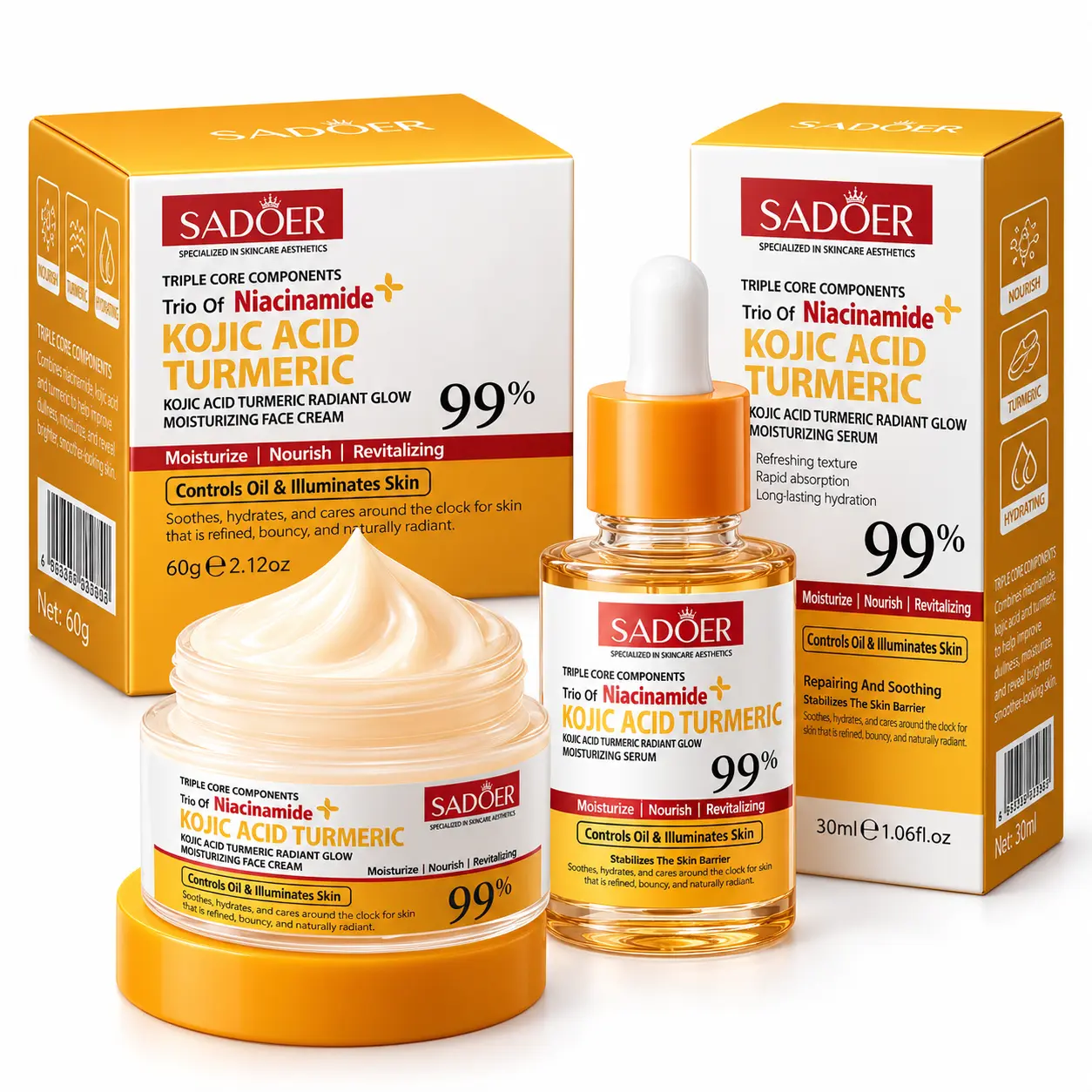 SADOER Turmeric Skincare Set, Niacinamide and Kojic Acid Facial Serum with Moisturizing Face Cream, 2-Piece Set