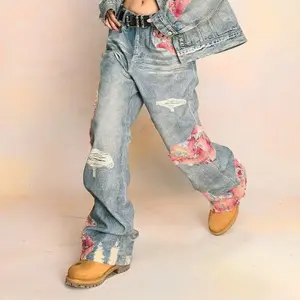 High Street Hip-Hop Flared Jeans Men Summer Design Lace Patchwork Floor-Length Pants