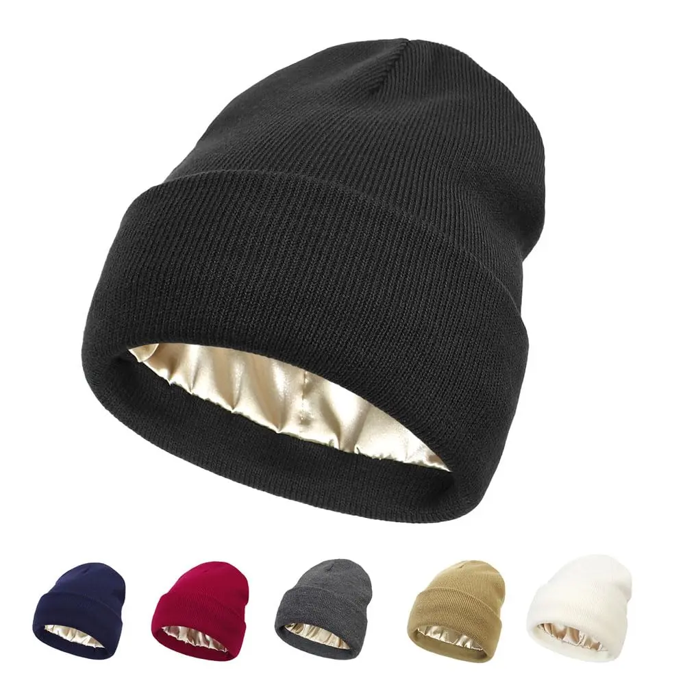 Unisex Cozy Satin-Lined Lightweight Winter Beanie - Silk-Lined Slouchy Cuffed Ski Hat for Women, Men - Warm Fashion Accessory, Lightweight Beanie