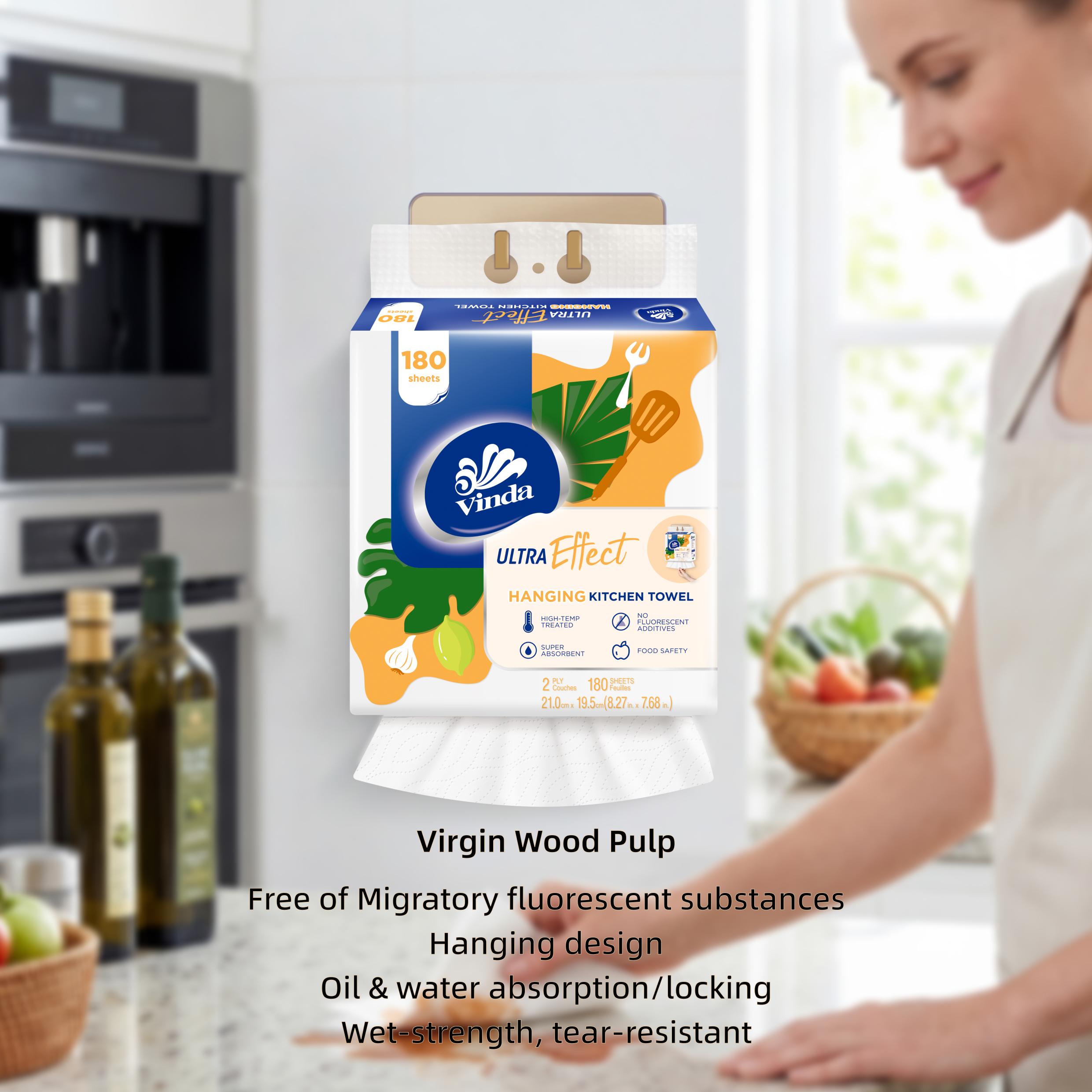 Vinda Hanging Kitchen Paper Towels with free hook -Quick Grab, Fully Protected, Saves Space| Ultra Water& Heavy Oil Absorbent Wipes, Washable & Extra Strong When Wet  2-Ply, 180Sheets/bag,  100% Virgin Pulp, Food Safe - TikTok Must-Have for Kitchens