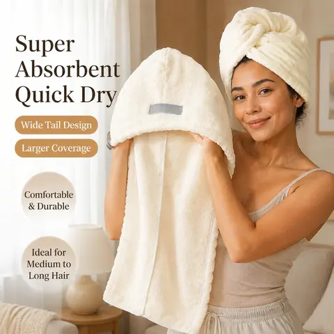 Women's Premium Plush Quick-Dry Microfiber Hair Towel Wrap - Soft Absorbent 75cm Turban with Button, for Long Thick Curly Hair, Daily Grooming, 1-Pack/2-Pack (Ivory + Light Gray Option)