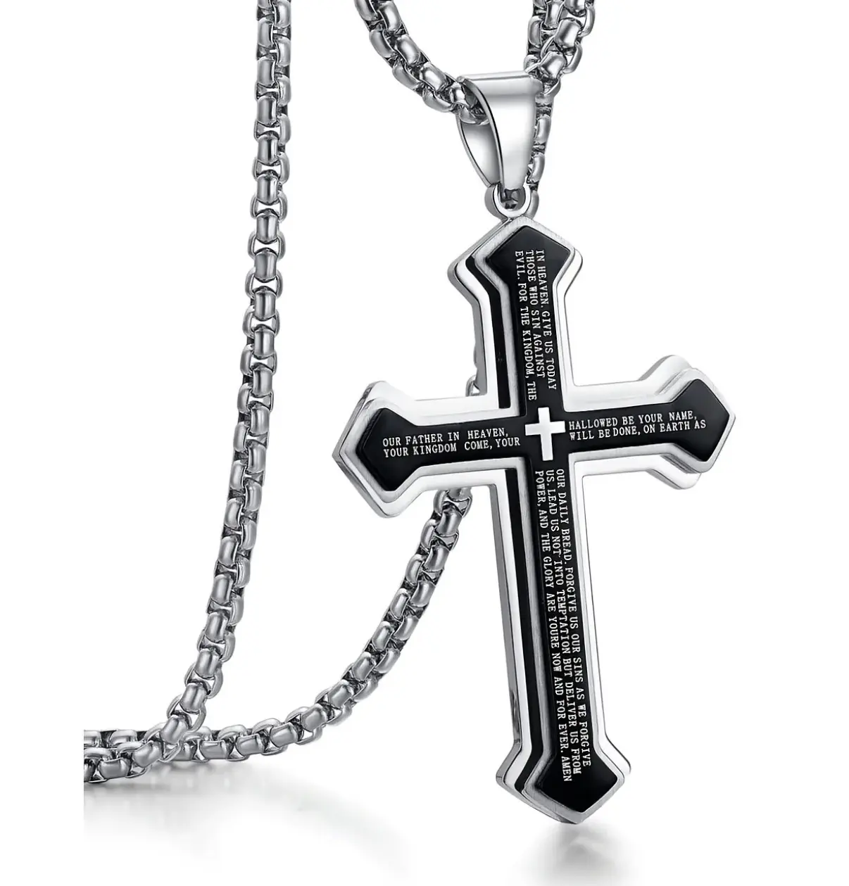 Men's Stainless Steel Cross Pendant Necklace with Engraved Bible Verse, Long Spiritual Jewelry for Daily Wear, Easter Birthday Gift, Religious, Casual, Engraved Bible Verse Necklaces, Unisex, Chain Jewelry Necklaces