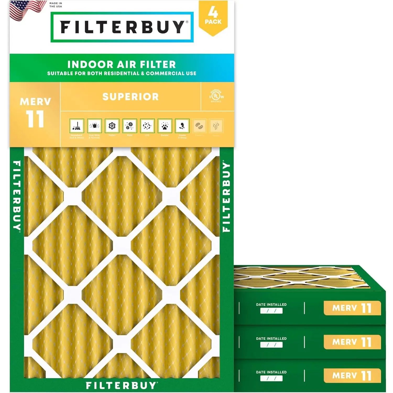 Filterbuy New Replacement HVAC AC Furnace Air Filter (4-Pack) - 11.25x19.25x2 in Polypropylene Pleated MERV 11, Electrostatic Charge, Eco-Friendly Allergen Defense, Endures 200°F Temperatures, Withstands Moisture
