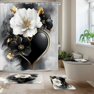 Heart Floral Shower Curtain Set, Shower Essentials, Vintage Heart Gold Trim Modern Style 71 Inch Curtains with 12 Hooks, Non-Slip Mat, U-Shaped Toilet Pad, Cover, Seat
