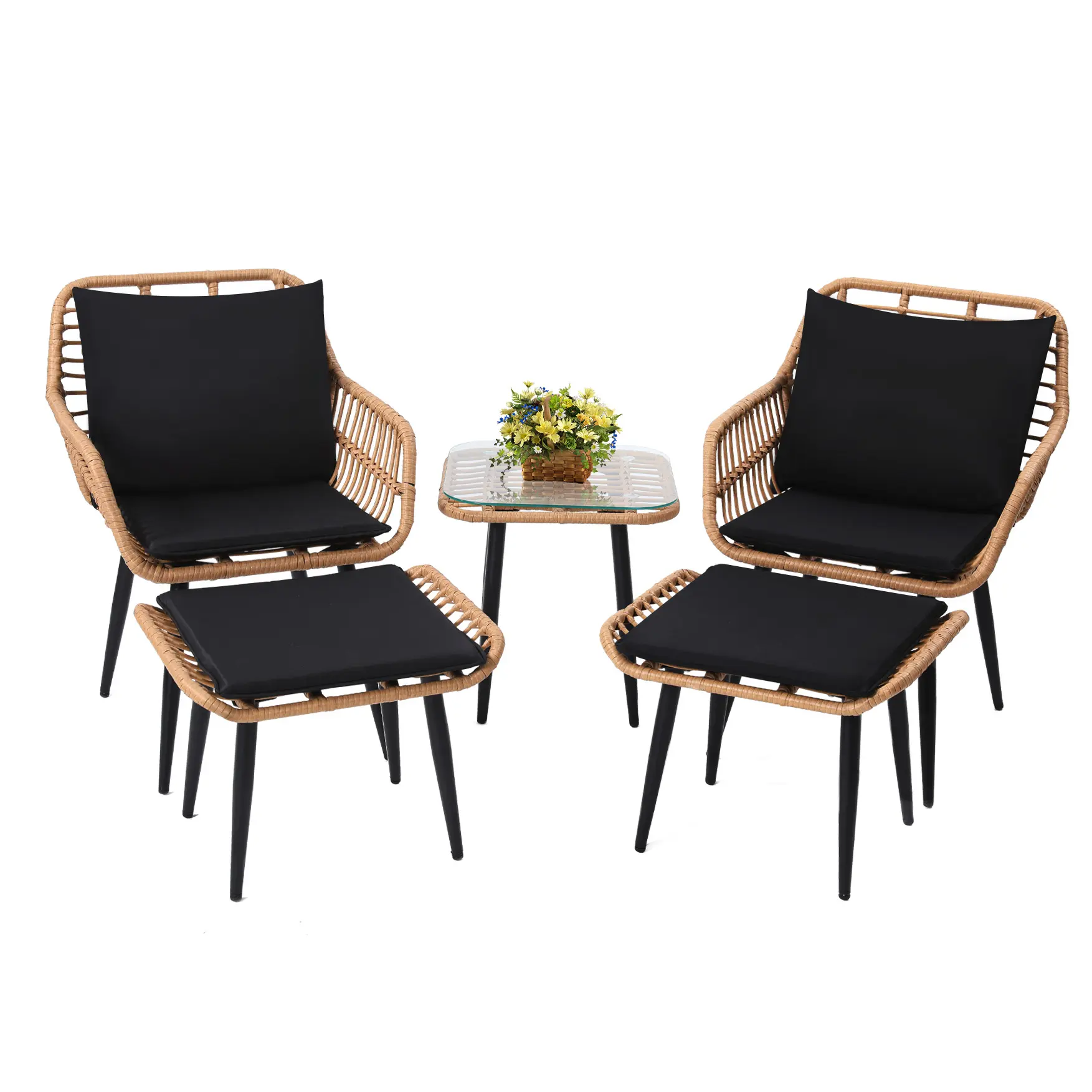 Adjustable Wicker Rattan Patio Furniture Set - 5-Piece Modern Patio Bistro Set, Includes 2 Synthetic Wicker Chairs, 2 Ottomans, 1 Side Table, Ideal for Porch, Balcony summerwins