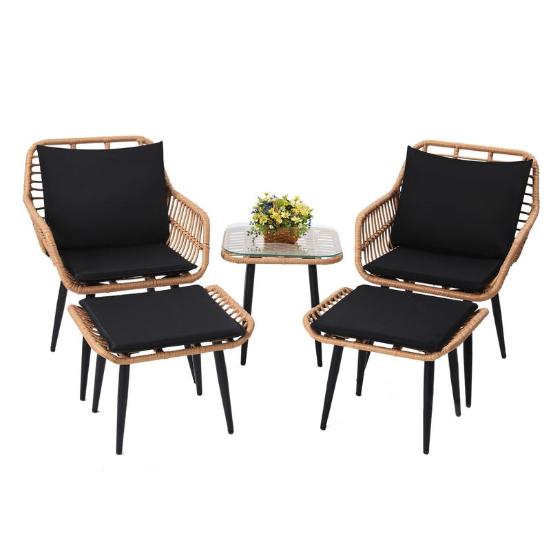 5 Piece Wicker Bistro Patio Conversation Furniture Set, Includes 2 Chairs, 2 Ottomans, and Side Table, Ideal for Porch, Balcony, Deck, Backyard, Natural
