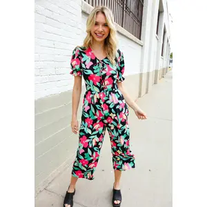 Spring Vibes Tropical Floral Ruffle Sleeve Wide Leg Jumpsuit