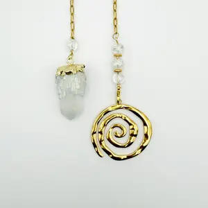 Angel Aura Quartz Pendulum 12" Gold Chain with Spiral Charm & *Free* Yes-No Dowsing Chart PDF for Intuition Clarity