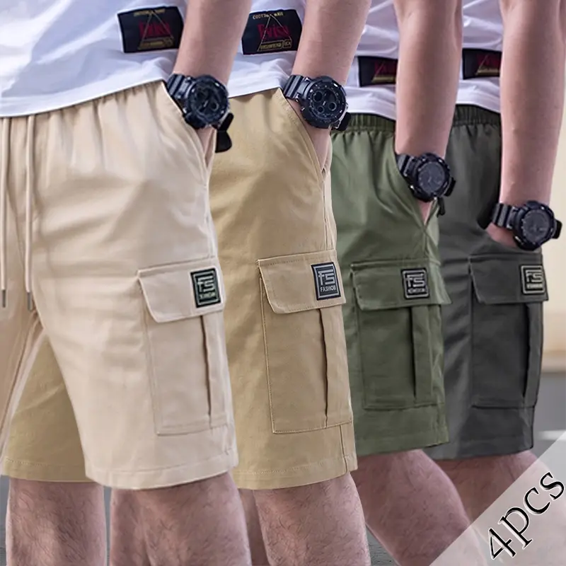 Multi-pack men’s loose cargo shorts, lightweight quick-dry fabric, elastic waistband with stretch, multi-pocket design, suitable for everyday commuting and casual wear in all seasons.