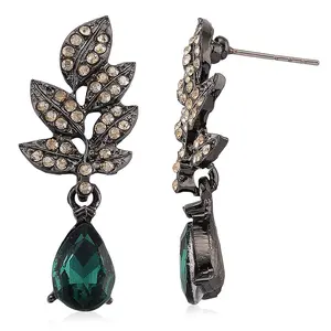 Champagne Crystal, Green Glass Leaf Earrings in Dark Silvertone