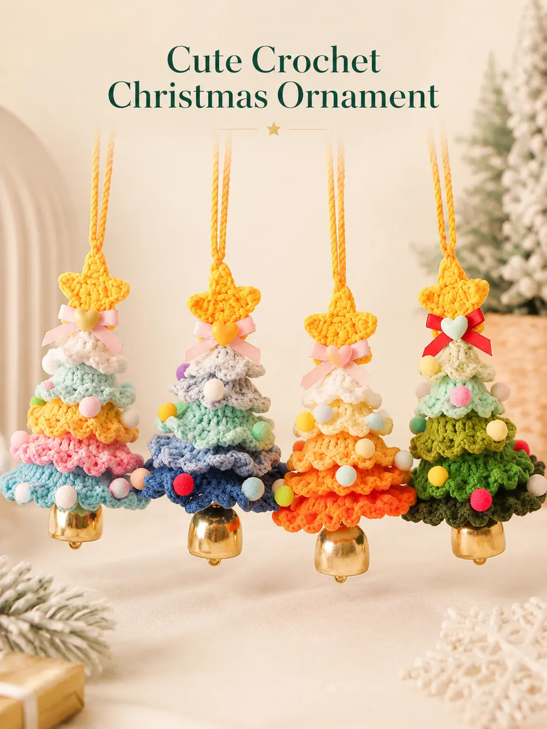 Crochet Christmas Tree Ornament with Jingle Bell, Cute Knitted Holiday Hanging Decoration for Xmas Tree, Wreath, Gifts and Stocking Stuffers