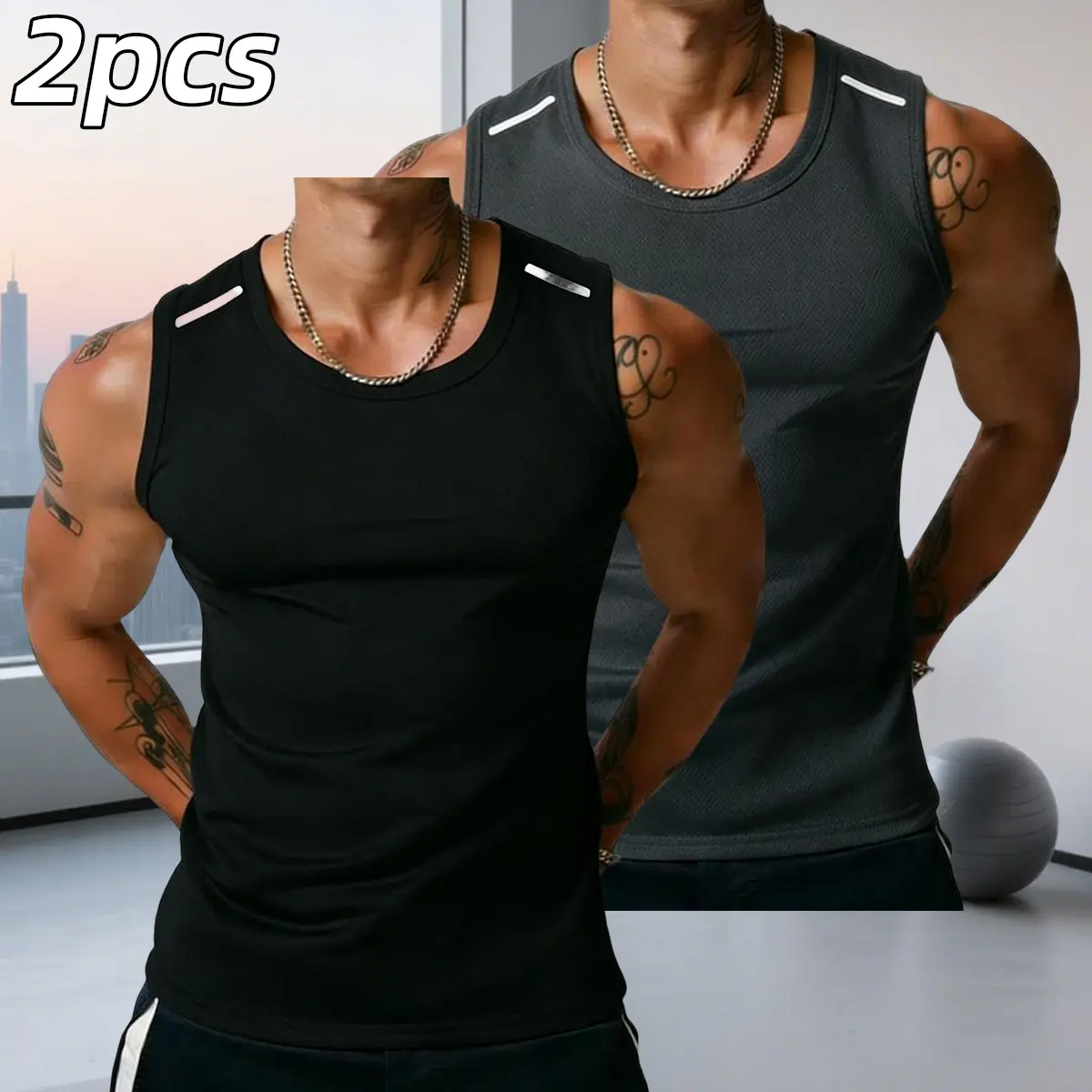 Men's 2pcs Upper Body Twill Sleeveless Fitness Tops - Sweat-Wicking, Quick-Dry Training Vests, Breathable Workout Shirts for Summer Gym Activities, Minimalist Design, Medium Stretch, Durable Activewear, Cold Wash Compatible, Sporty Chic