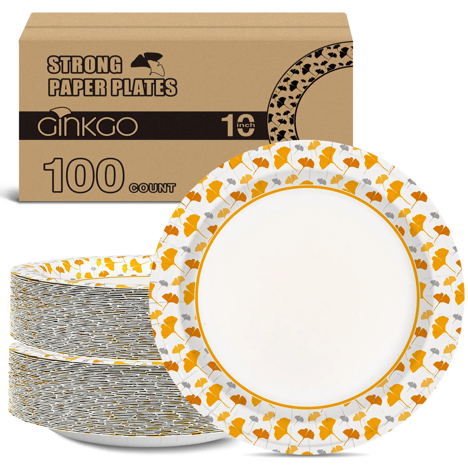 Ginkgo Paper Plates 10 Inch Bulk 100 Count, Heavy Duty Disposable Printed Plates, Fall Party Paper Plates Tree Decorations Supplies