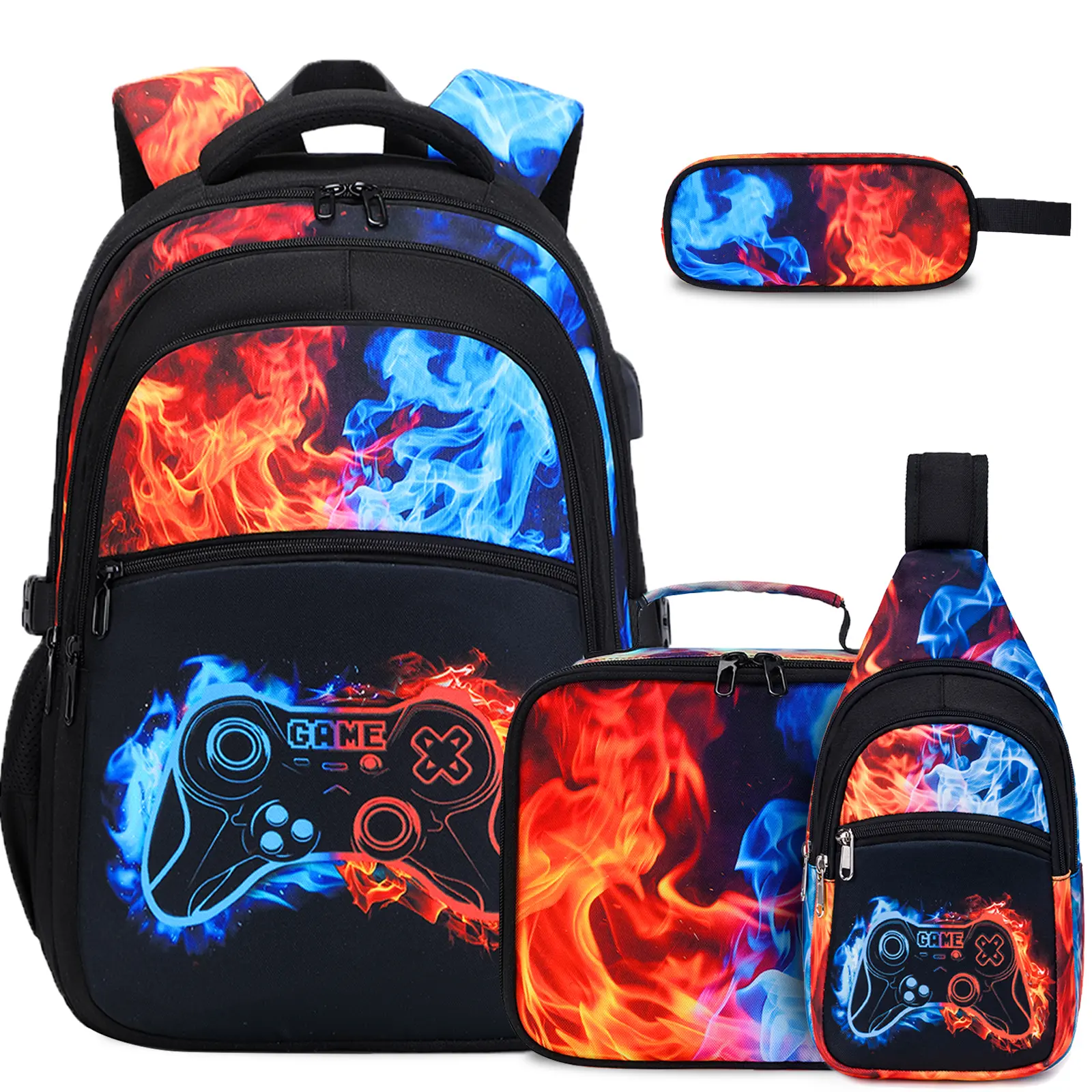 4PCS[3PCS+chest bag]-Orange & Blue Flame