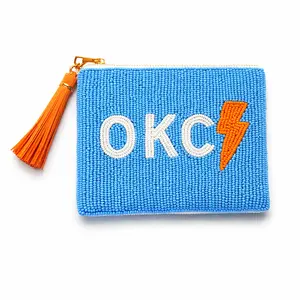 Handmade Beaded Gameday Custom Coin Purse | Bag for Clear Stadium Bags | OKC Thunder | Oklahoma  I Bright Blue with Bolt