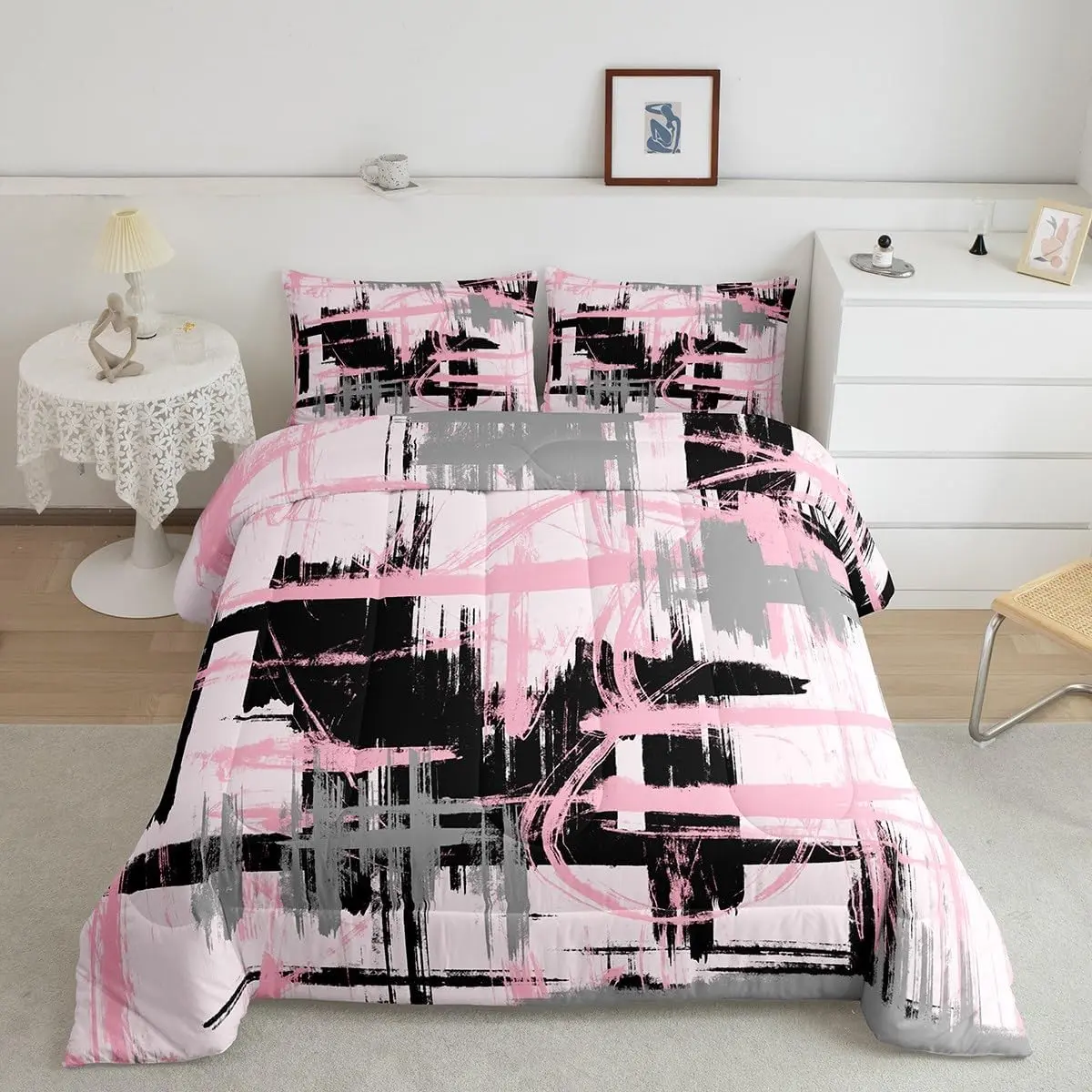 Feelyou Twin Size Bed Comforter Set - Pink, Grey, Black Abstract Geometric Striped Bedding, Breathable Duvet Set with Home Decor Pillow (Also Fits Queen Size Comforter Needs), Comforter Queen Size