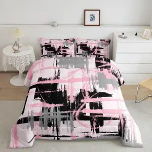 Pink Grey Black Comforter Set,Twin Size Abstract Art Comforter,Modern Striped Art Bedding Set,Breathable Geometric Duvet Set Home Decor Pillow