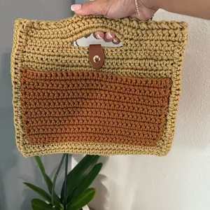 Bag/ Bible Cover - Crocheted Design with Brown and Yellow Stripes and Leather Accent