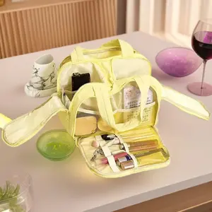 Cureaway Travel Cosmetic Bag, Large Capacity Wide-Open Travel Cosmetic Bag, Waterproof Portable Pouch Open Flat Toiletry Bags for Women with 4 Divider and Handle