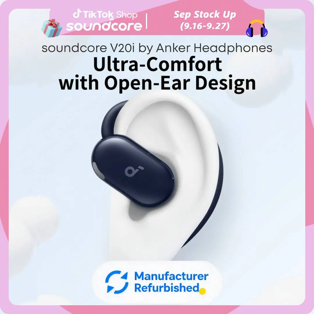 [Refurbished]soundcore V20i by Anker Open-Ear Headphones, Adjustable Ear Hooks, Ultra-Comfort, Snug Fit, Powerful Sound, Clear Calls, IP55, 36H Playtime, Bluetooth 5.4 Wireless Earbuds, Multipoint Connection #tiktokshopsummersale