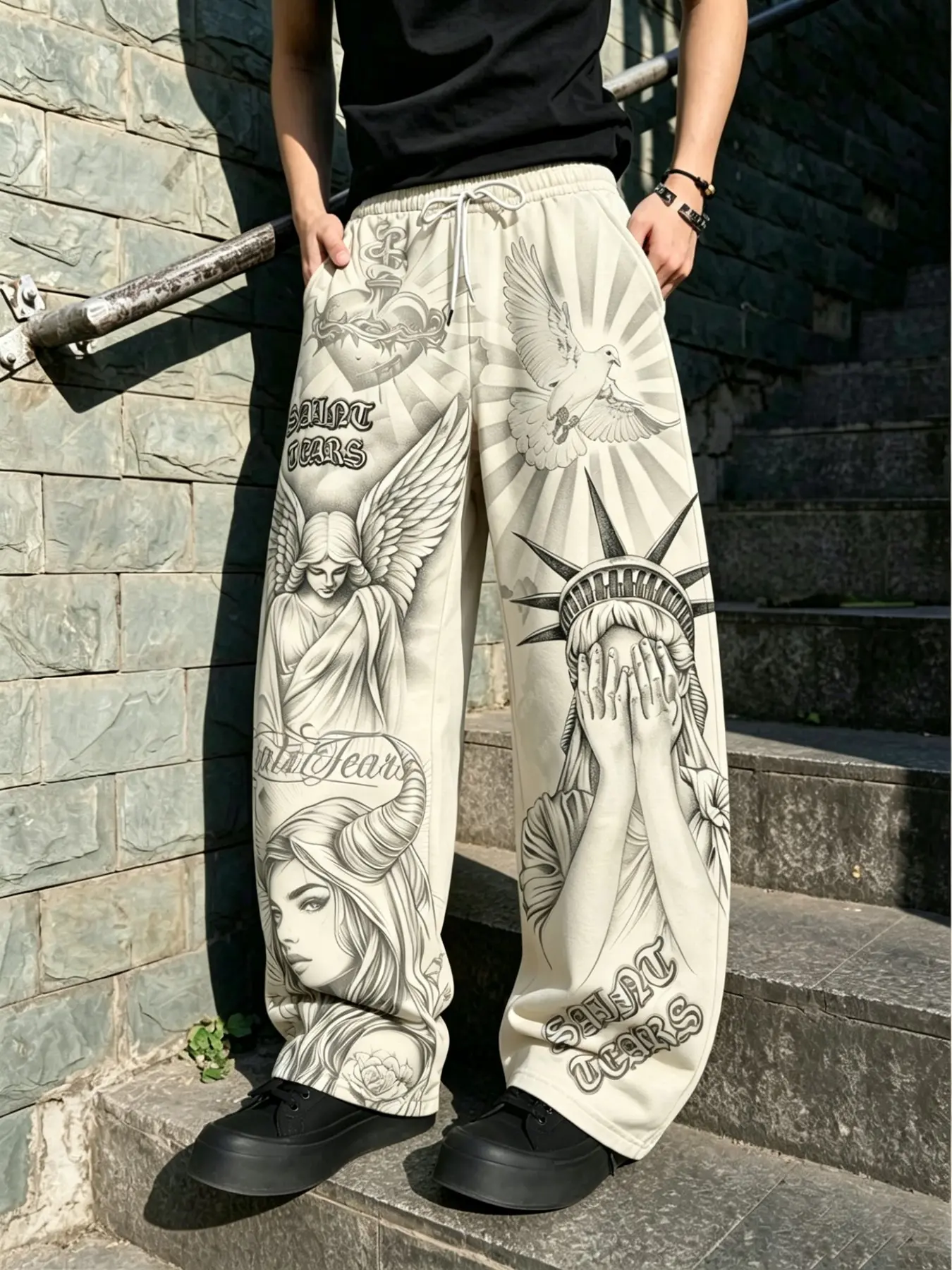 Men's Vintage American Casual Saint Tears Angel and Liberty Statue Graphic Print Drawstring Sweatpants, Comfortable and Stylish Streetwear
