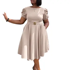 Summer Autumn Clothes Elegant Party Dresses for Woman O Neck Short Sleeve Belt Waisted Pleated Mid Calf Modest Female Birthday Dinner Vestidos Gowns