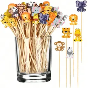 Bamboo Cocktail Picks, 4.7 Inch Jungle Animal Shape, Drink Stirrers, Food Picks, Decorative Toothpicks, Party Supplies