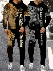 4 Pieces, 2 Sets, Plus Size Men's Casual Suit Animal Lion Print Hooded Set, Long Sleeve Sweatshirt T-Shirt Pants Set Men's Sports Suit