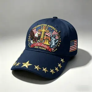 USA 250th Anniversary Embroidered Baseball Cap, Patriotic American Flag Dad Hat with Gold Star Brim, Vintage Adjustable Streetwear Hat for Men & Women, 4th of July Outfit & Outdoor Casual Cap