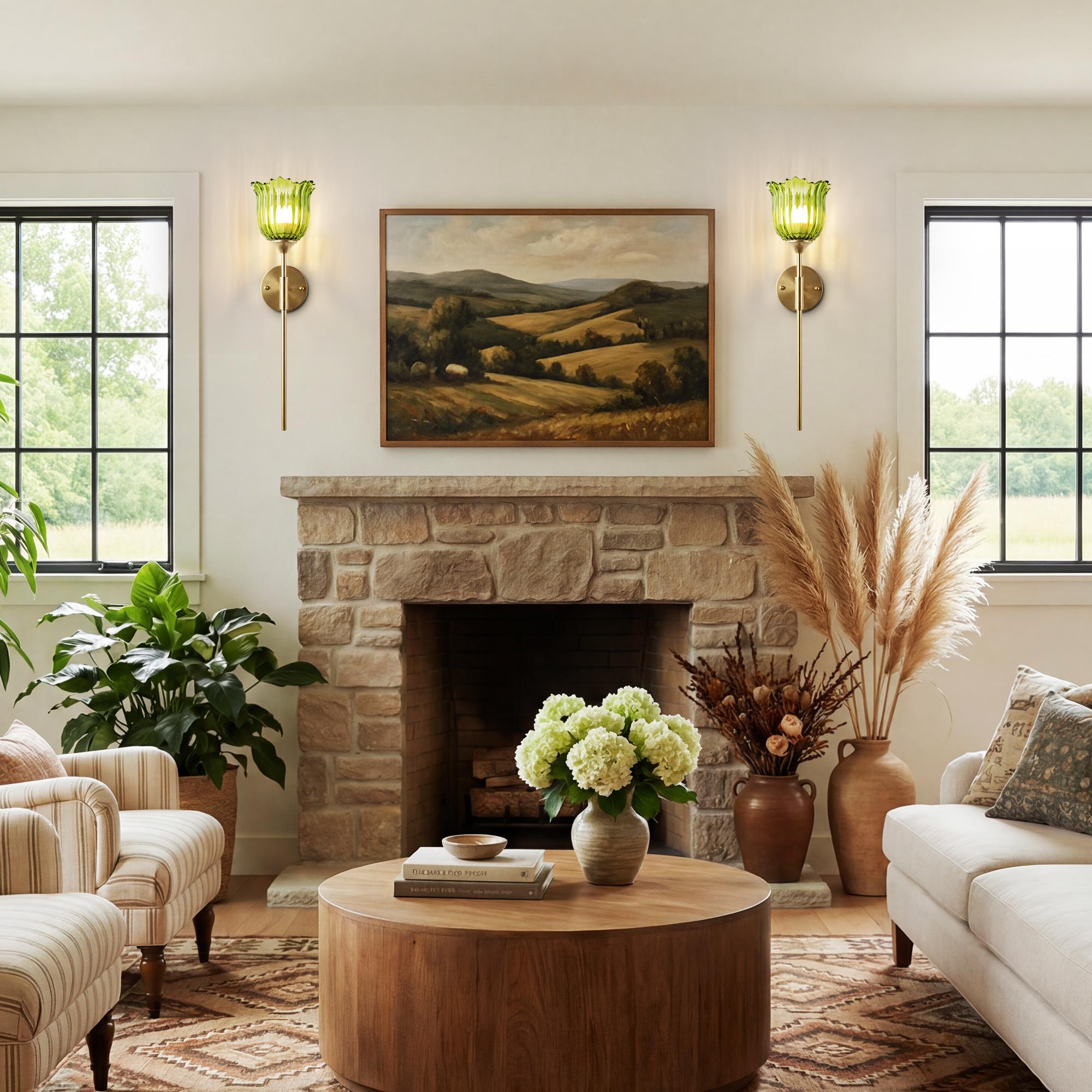 2-Pack Gold Wall Sconces with Green Glass Shade, Hardwired Indoor Wall Light Fixtures, Rechargeable RGB Magnetic Bulbs with Remote Control, 3Temperatures for Living Room, Bedroom, Hallway, Dining Room