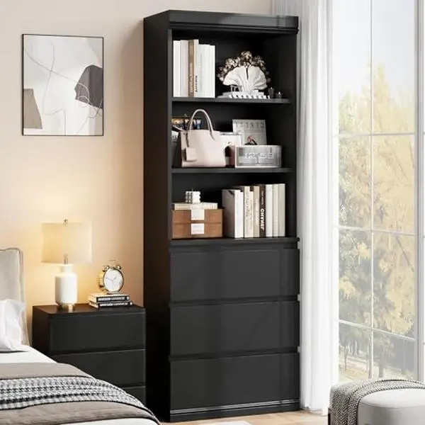 GARVEE Black 70" Tall Bookcase with Drawers, Bookshelf w/ 3 Tier Open Shelves & 3 Storage Drawers,Modern Deep Storage Book Shelf Storage Cabinet Organizer for Living Room Office Library