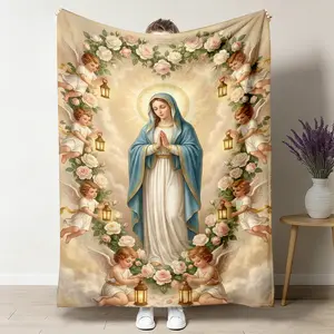 Virgin Mary Angel Rose Pattern Flannel Blanket, 1 Count Soft Warm Throw Blanket, Air-conditioned Room Blanket, Warm Nap Blanket for Home Office Travel