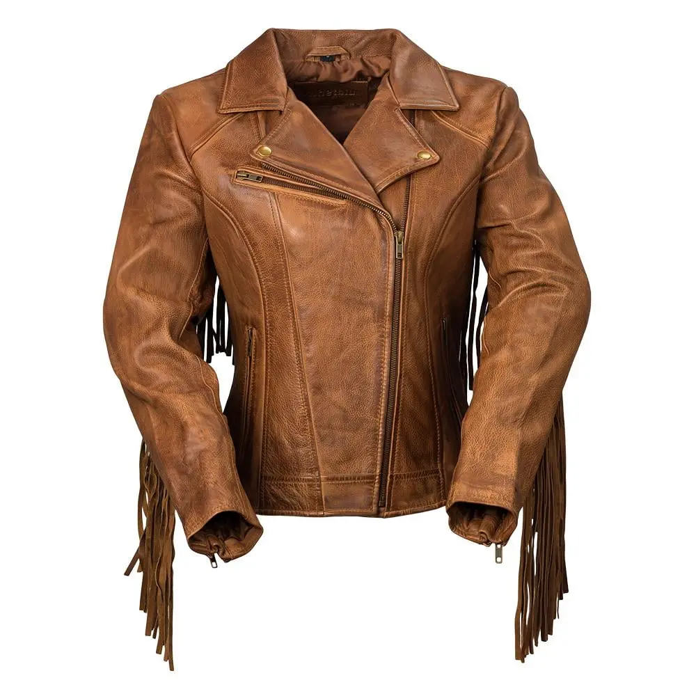 FM Women's Asymmetrical Cognac Western Fringe Leather Jacket