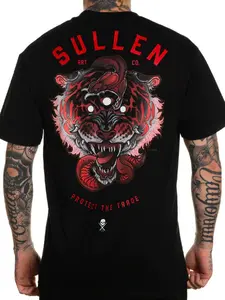 A black sullen T-shirt with a classic crew neck, the sullen text embroidered in black thread on the left chest, and a slightly washed finish for a worn-in look, blending comfort with dark charm.