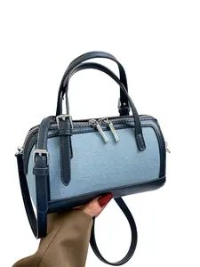 High-Quality Denim Patchwork Boston Bag, Mini Crossbody Handbag, Casual Colorblock Design, Leather Accents, Versatile Daily Use, Minimalist Crossbody Bag